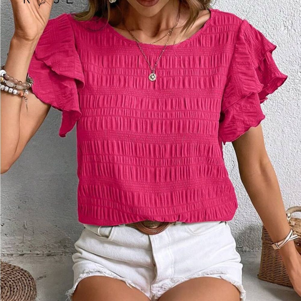 Hot Pink Ruffle Sleeve Top Blouse Flirty Feminine Small - Picture 7 of 8